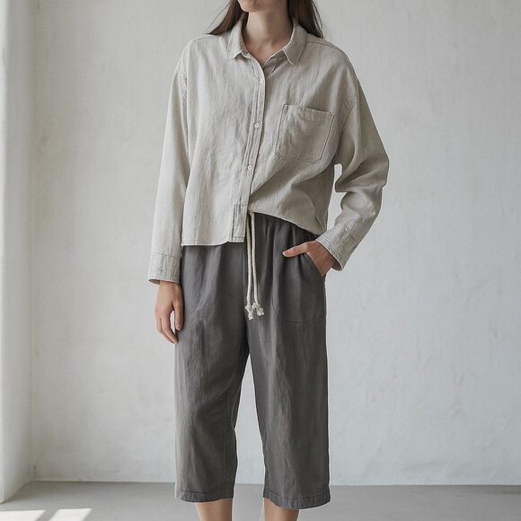 Calligraphie Tops - Calligraphie M Neutral Linen Button-Down Crop Top Boxy